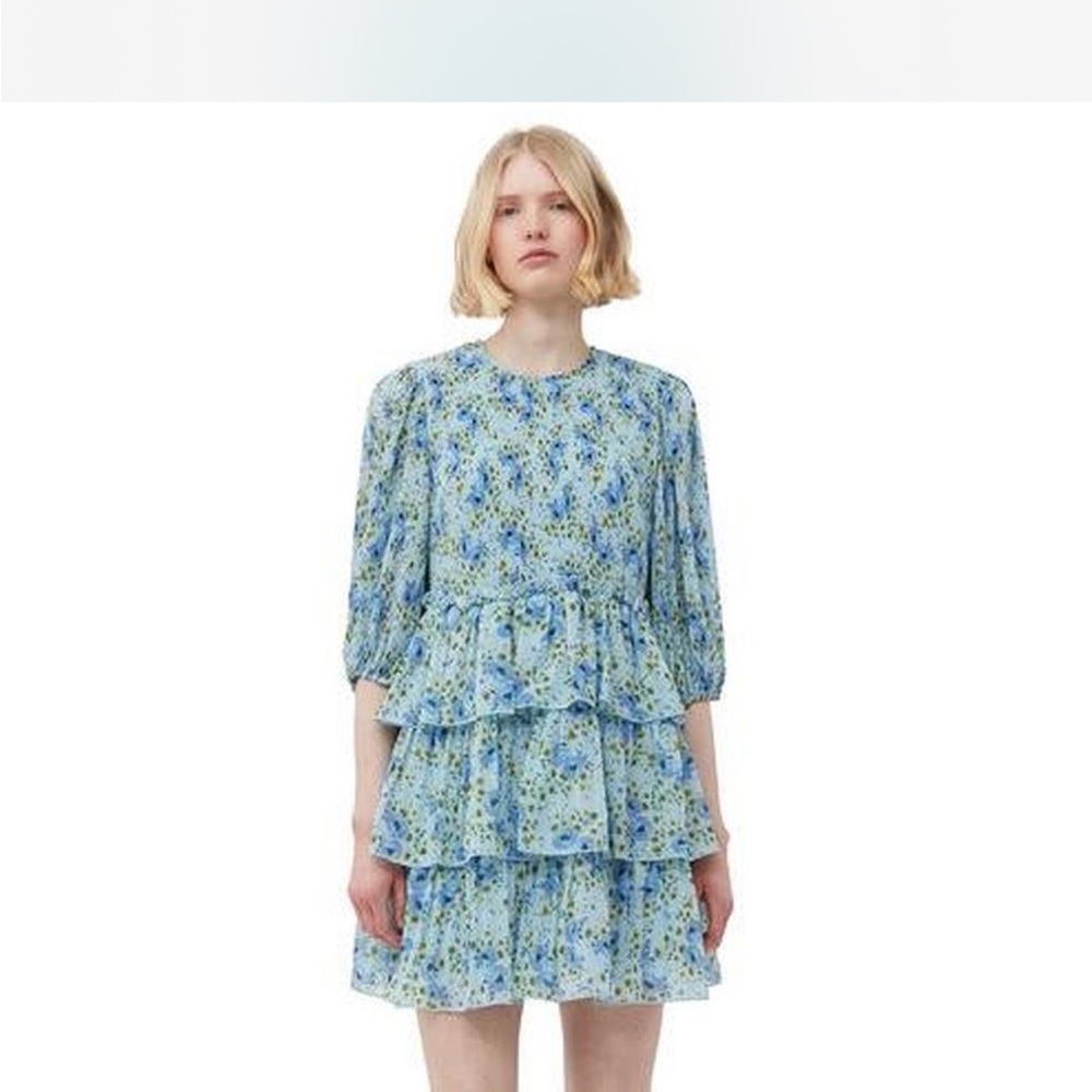 Ganni Blue Floral Tiered Mini Dress